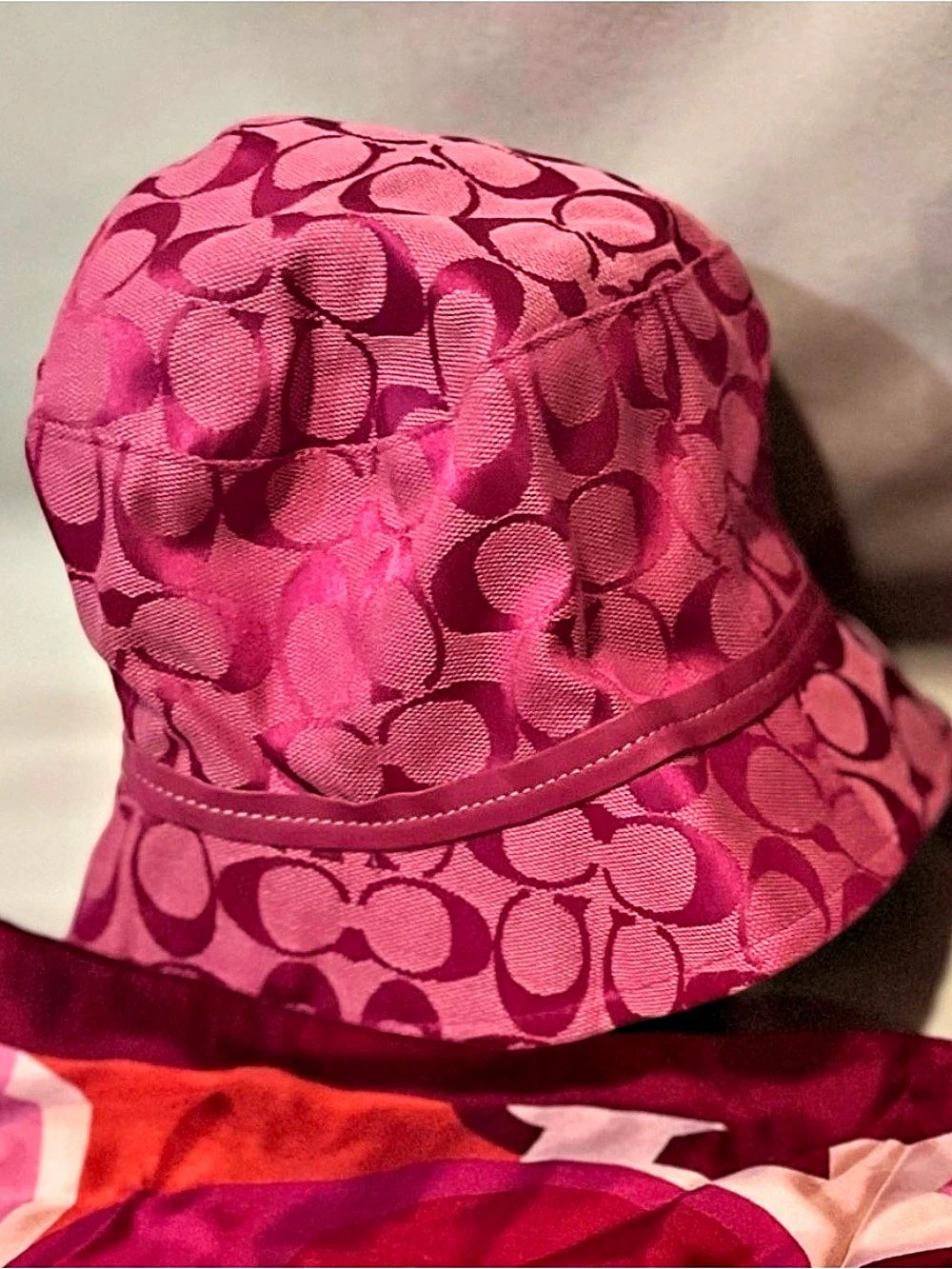 Vintage Coach Signature Jacquard Bucket Hat in Pink & Red Like New